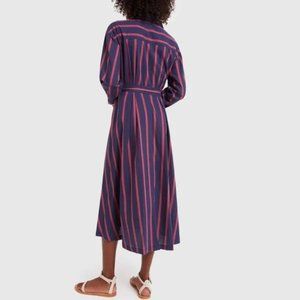 xirena womens m Navy stripe long sleeve shirt dress belted collared cotton blend